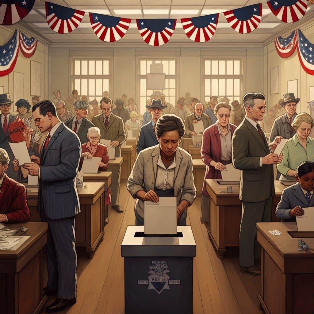 Diverse Voters at Bustling Polling Station, Digital Art