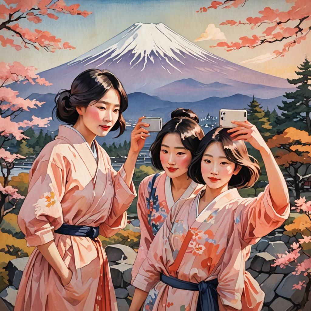 Mount Fuji Selfie: An Impressionist Painting with Art Nouvea...