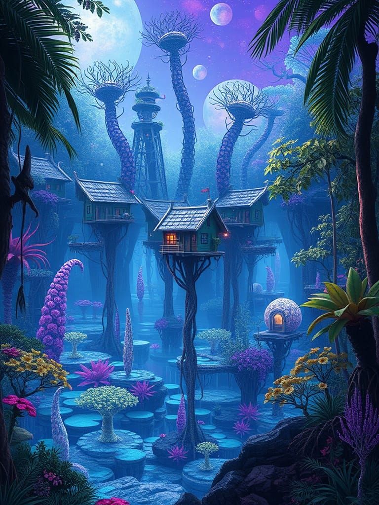 Exotic Alien Stilt Village in Ultraviolet Mangrove