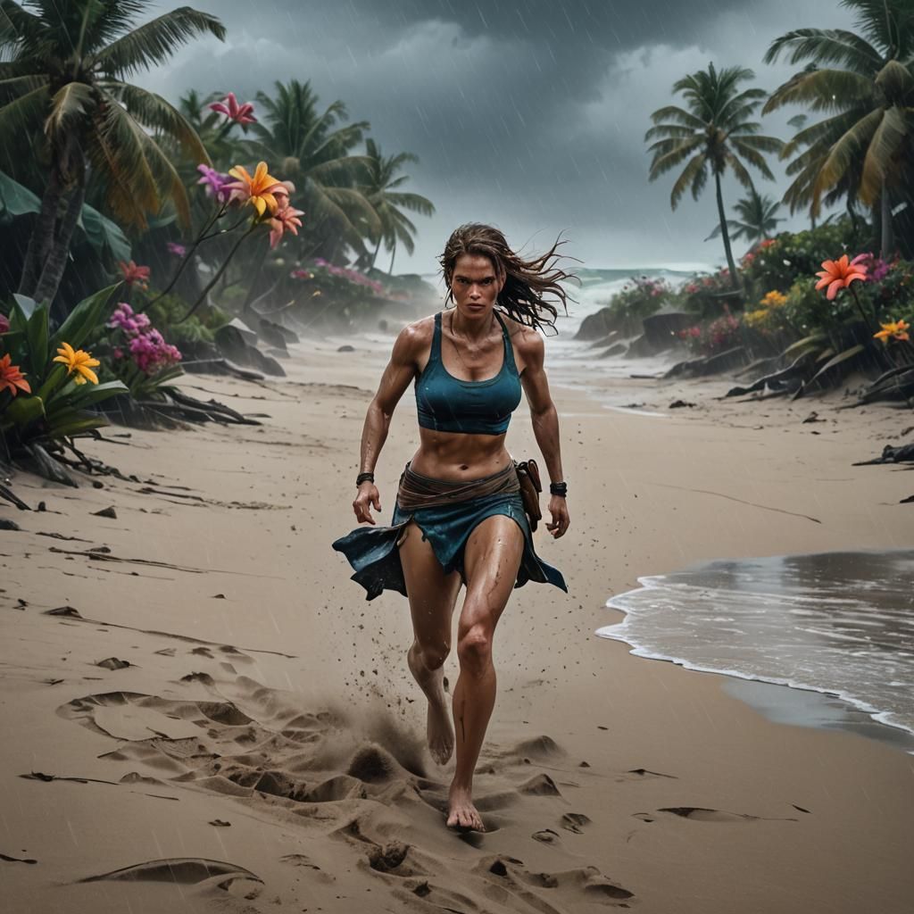Lara Croft Runs on Stormy Beach: Oil Painting