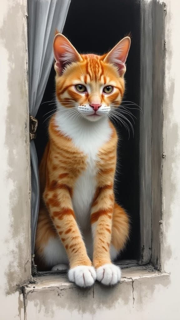 Ginger Kitten Peeks from Behind a Curtain