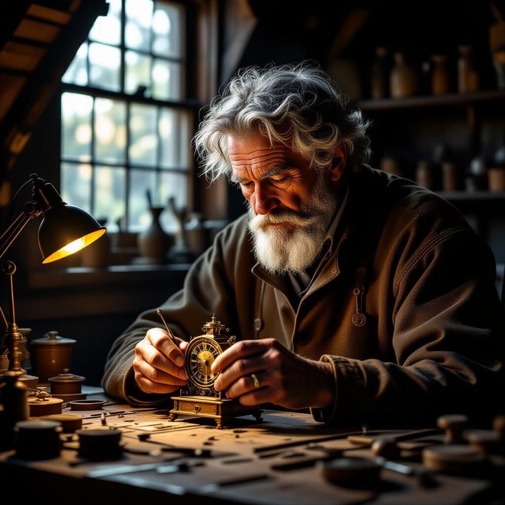 Artisan Crafts Clockwork Bird in Dramatic Light