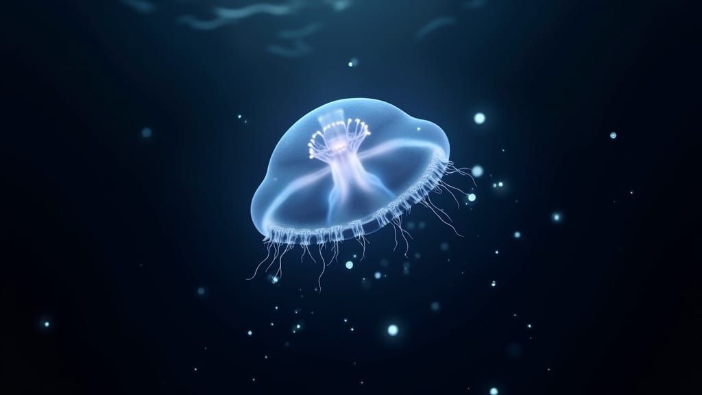Bioluminescent Jellyfish in the Deep Ocean, with Glowing Fis...
