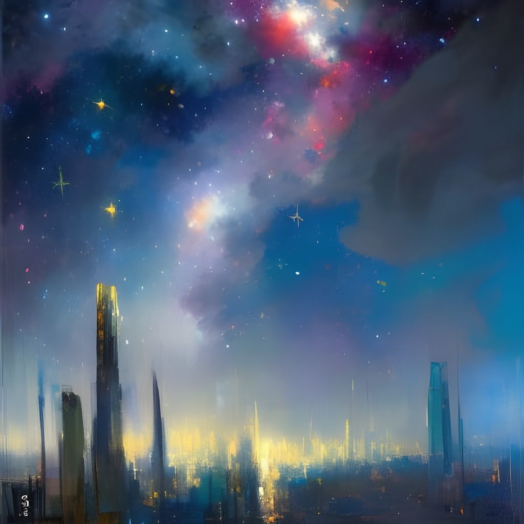 Colorful Starry Sky Over Cityscape at Night