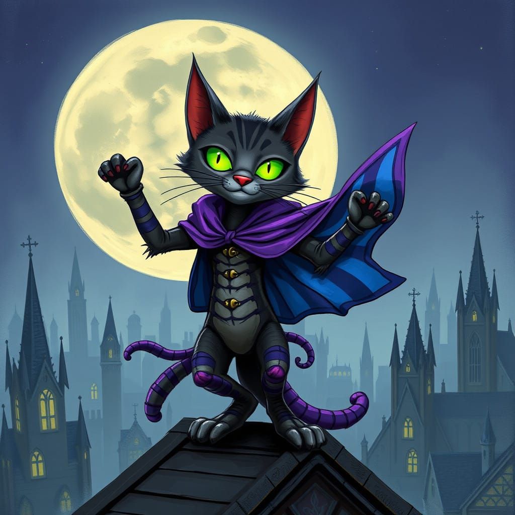 Steampunk Feline Hero in Whimsical Cape