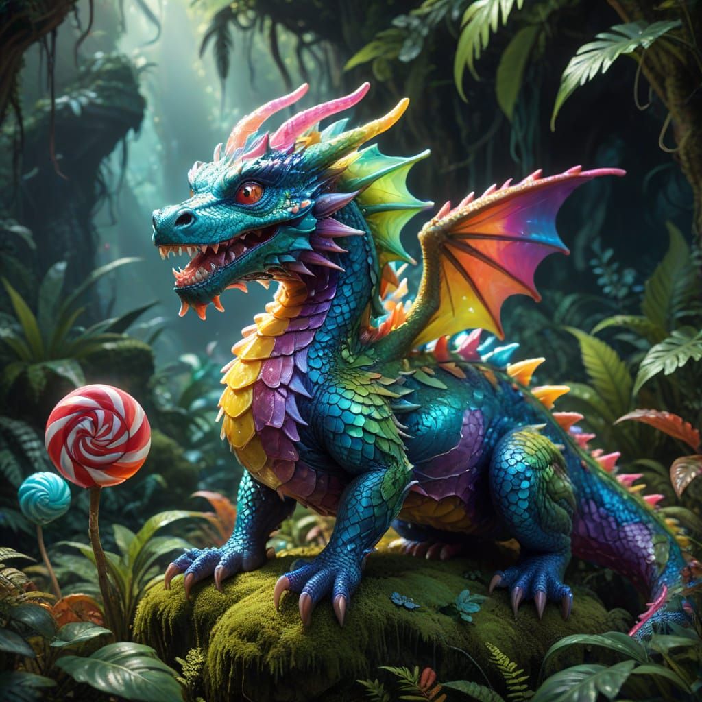 Candy Dragon Perched on Ruin in Sugared Jungle