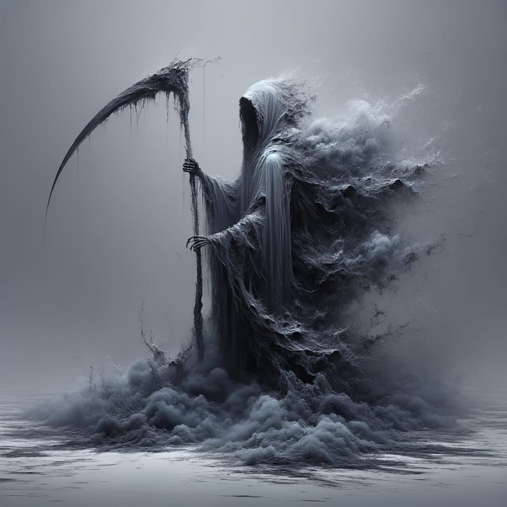 Abstract Grim Reaper Wielding Scythe in Mist