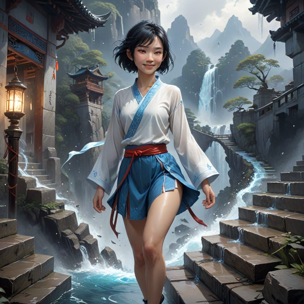 Cute Martial Artist Stands at Mountain Foot in Epic Fantasy