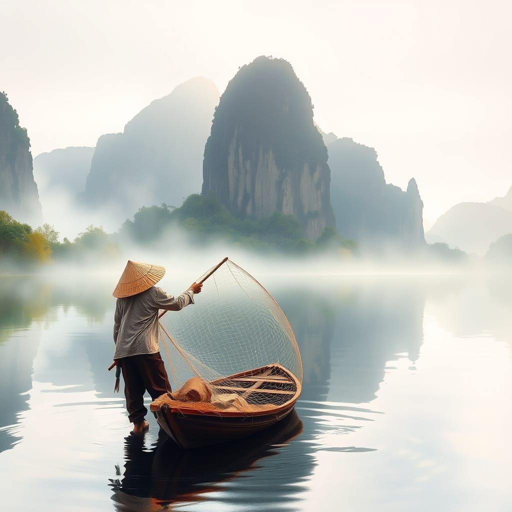 Vietnamese Fisherman Casts Net at Dawn: Impressionist Style