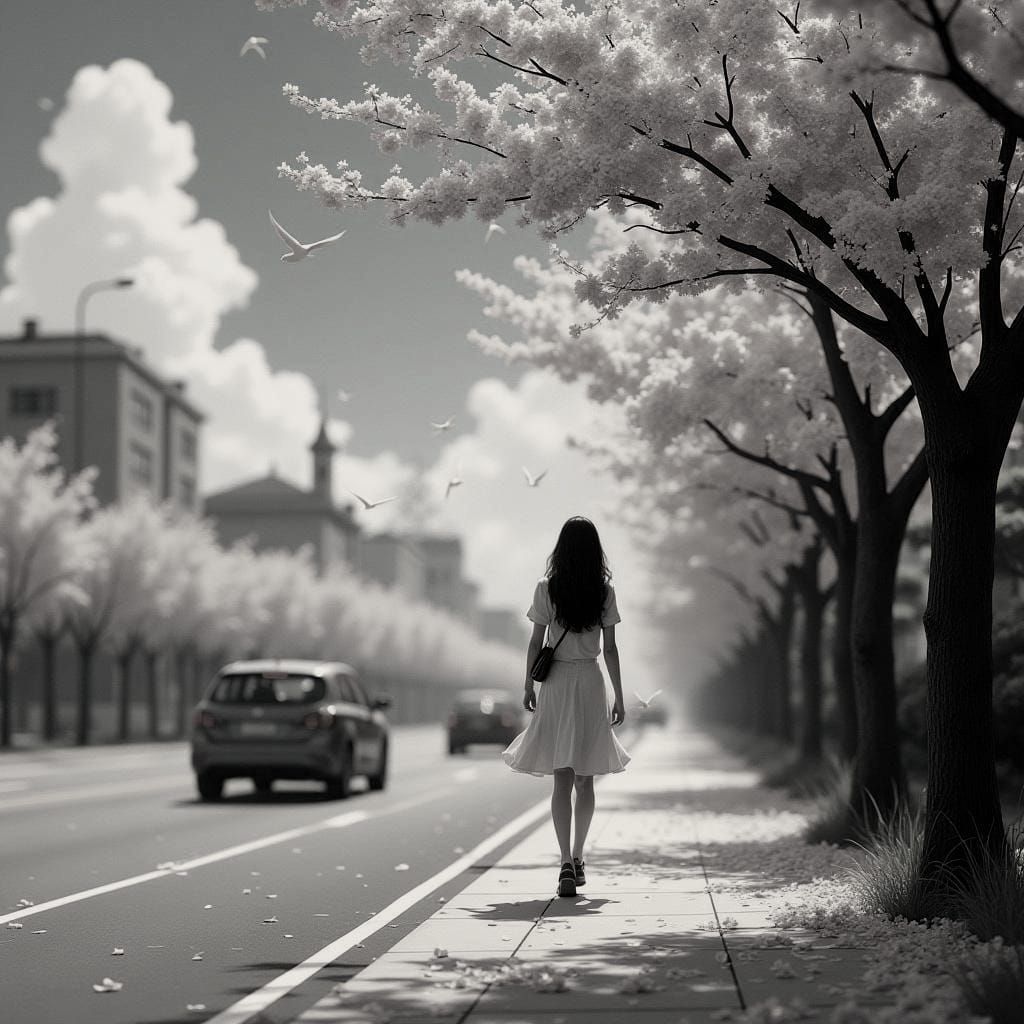 Sakura Trees in Bloom: Hyperrealistic Street Scene