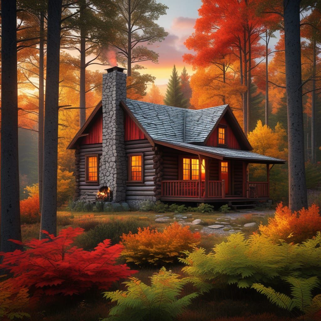 Rustic Cabin in Vibrant Autumn Forest at Sunset