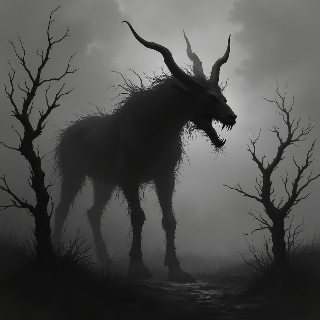 Skeletal Mythical Beast Silhouetted Against Dark Sky