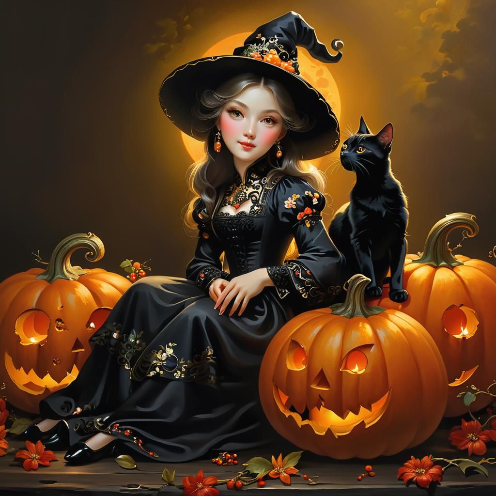 Charming Witch with Cat in Zhostovo Painting Style