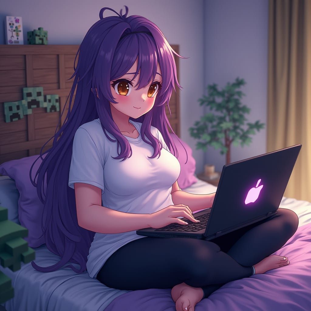 Gamer Girl in Minecraft Room, 3D Anime Style