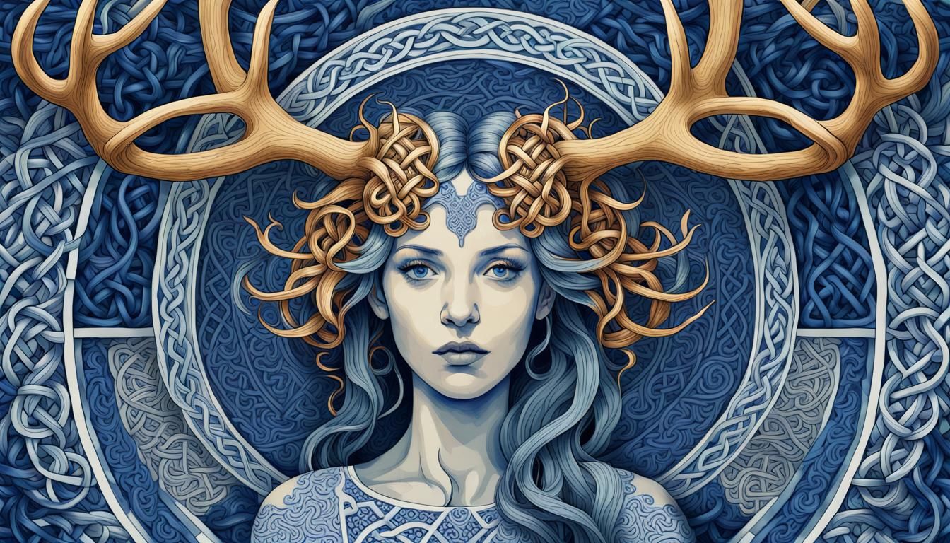 Antlered Woman in Art Nouveau Op-Art Style