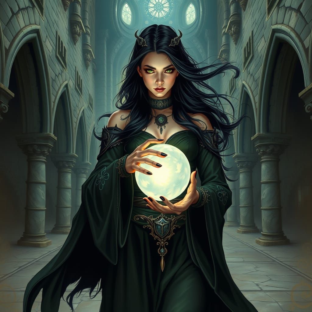 Morgana Le Fay with Crystal Ball in Dark Fantasy Style