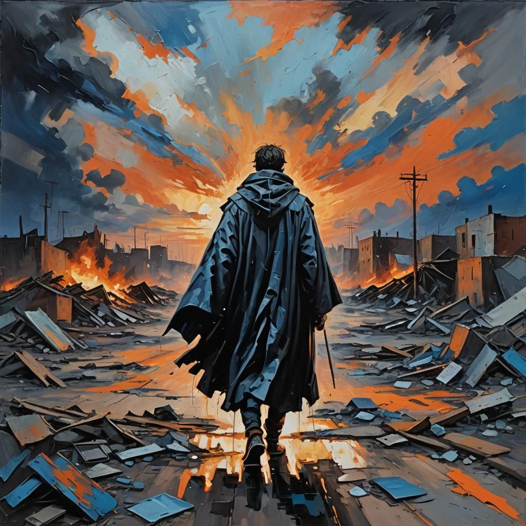 Neo-Expressionist Figure in Apocalyptic Landscape