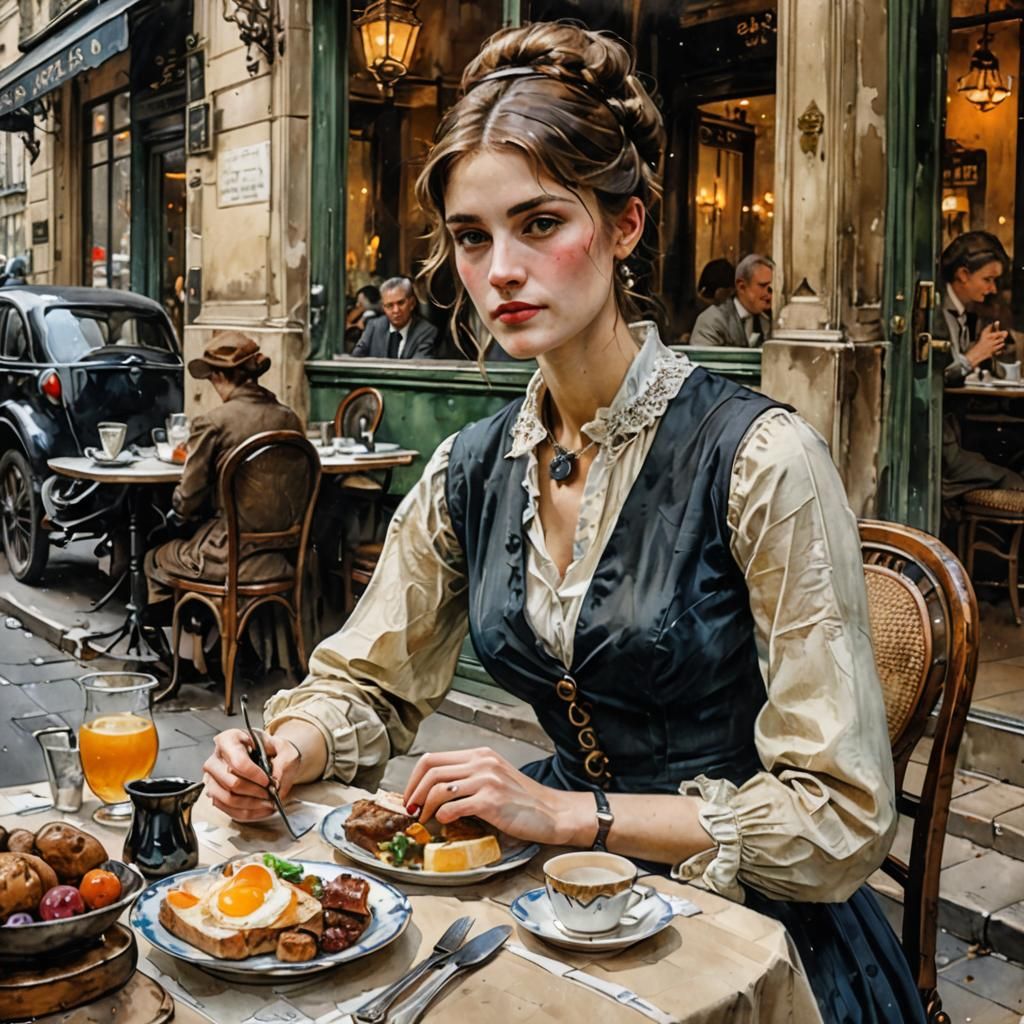 French Woman at Bistro: Watercolor Art Nouveau
