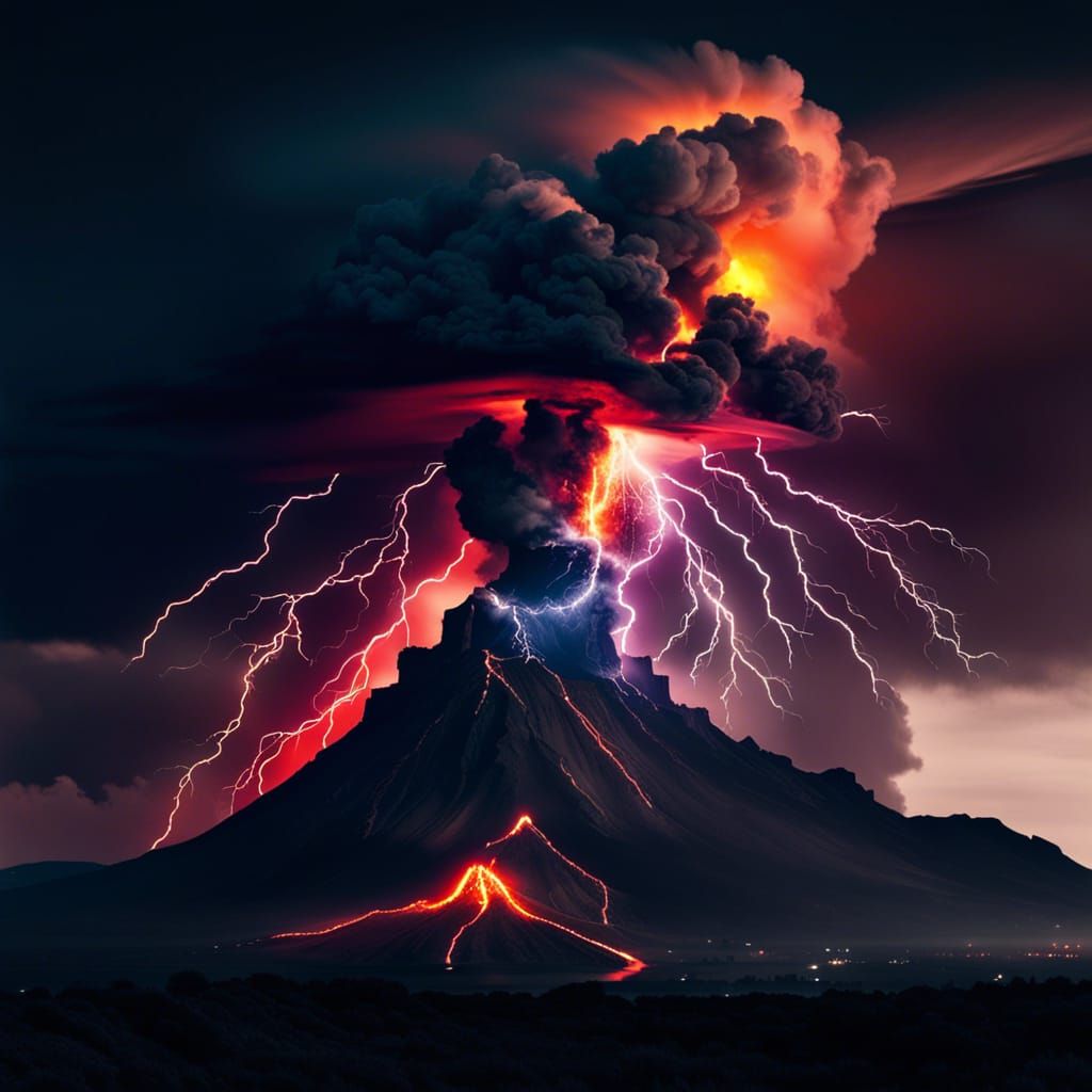 Volcanic Eruption at Night with Lightning