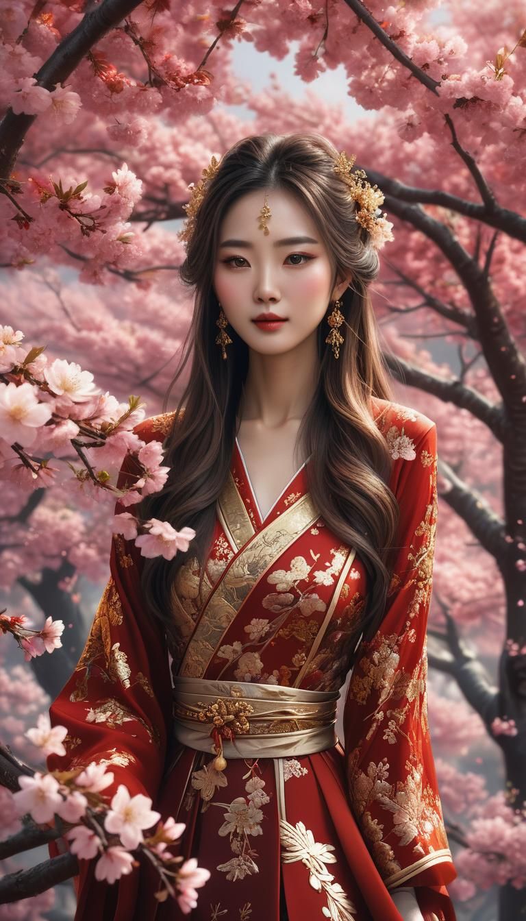 Chinese Bride in Cherry Blossom Garden, Digital Art
