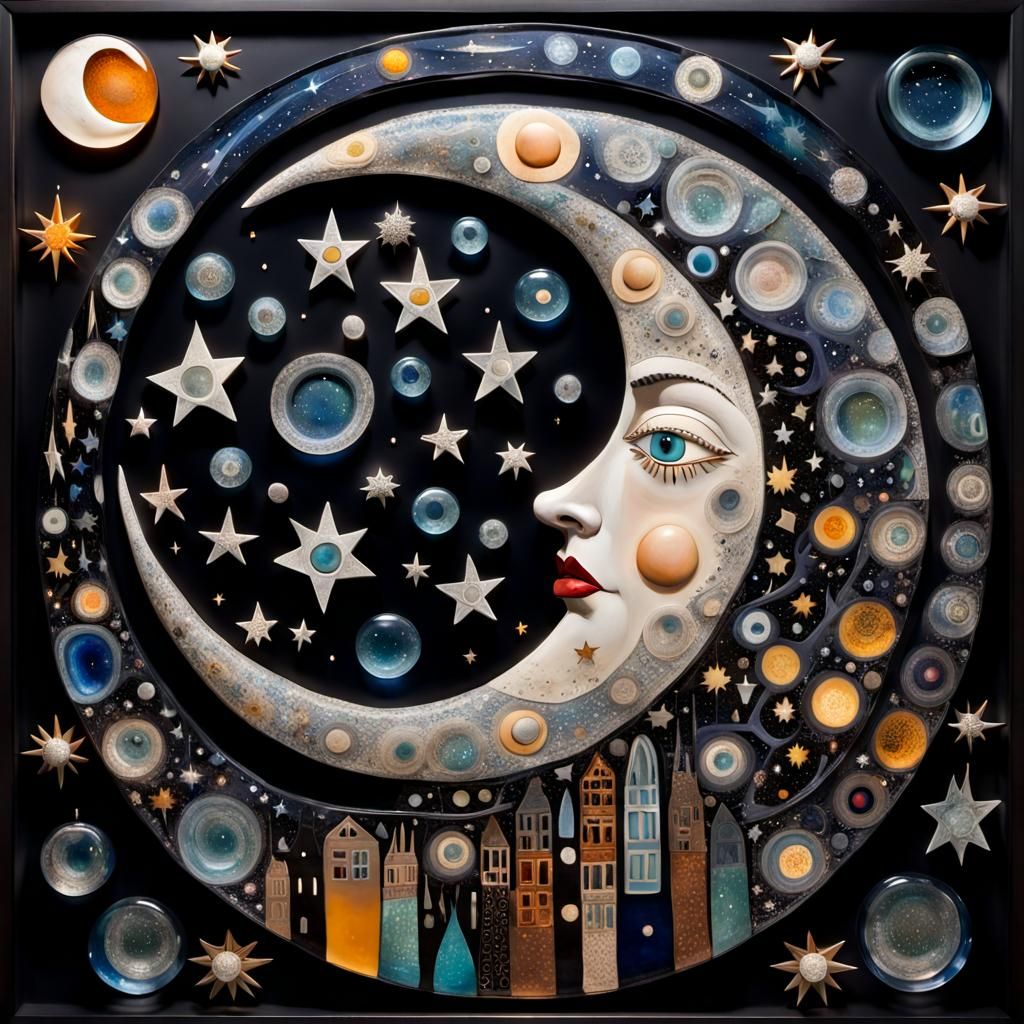 Glass Moon with Stars in Outsider Art Style