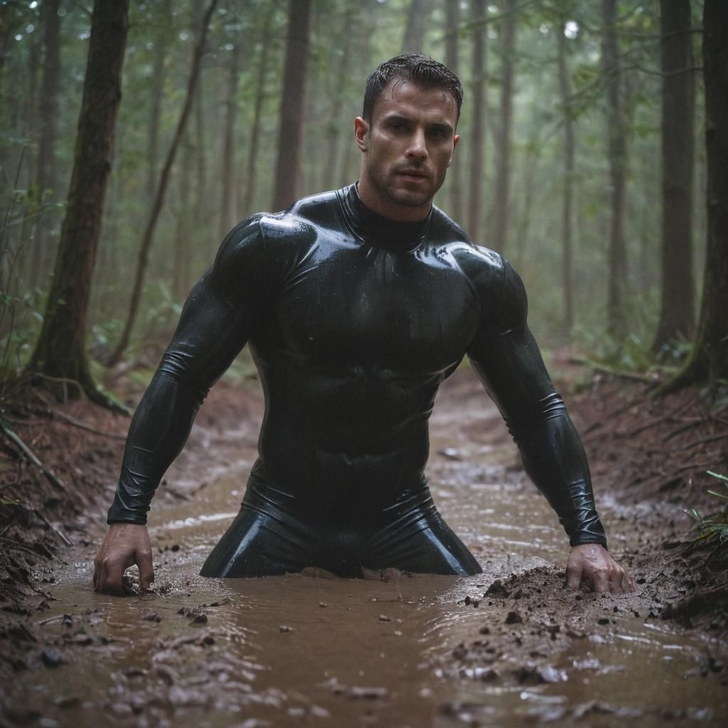 Man in Latex Sinking in Quicksand: Cinematic Portrait