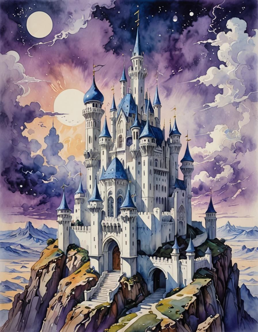 Miniature Marble Castle Under Purple Sky, Watercolor Style