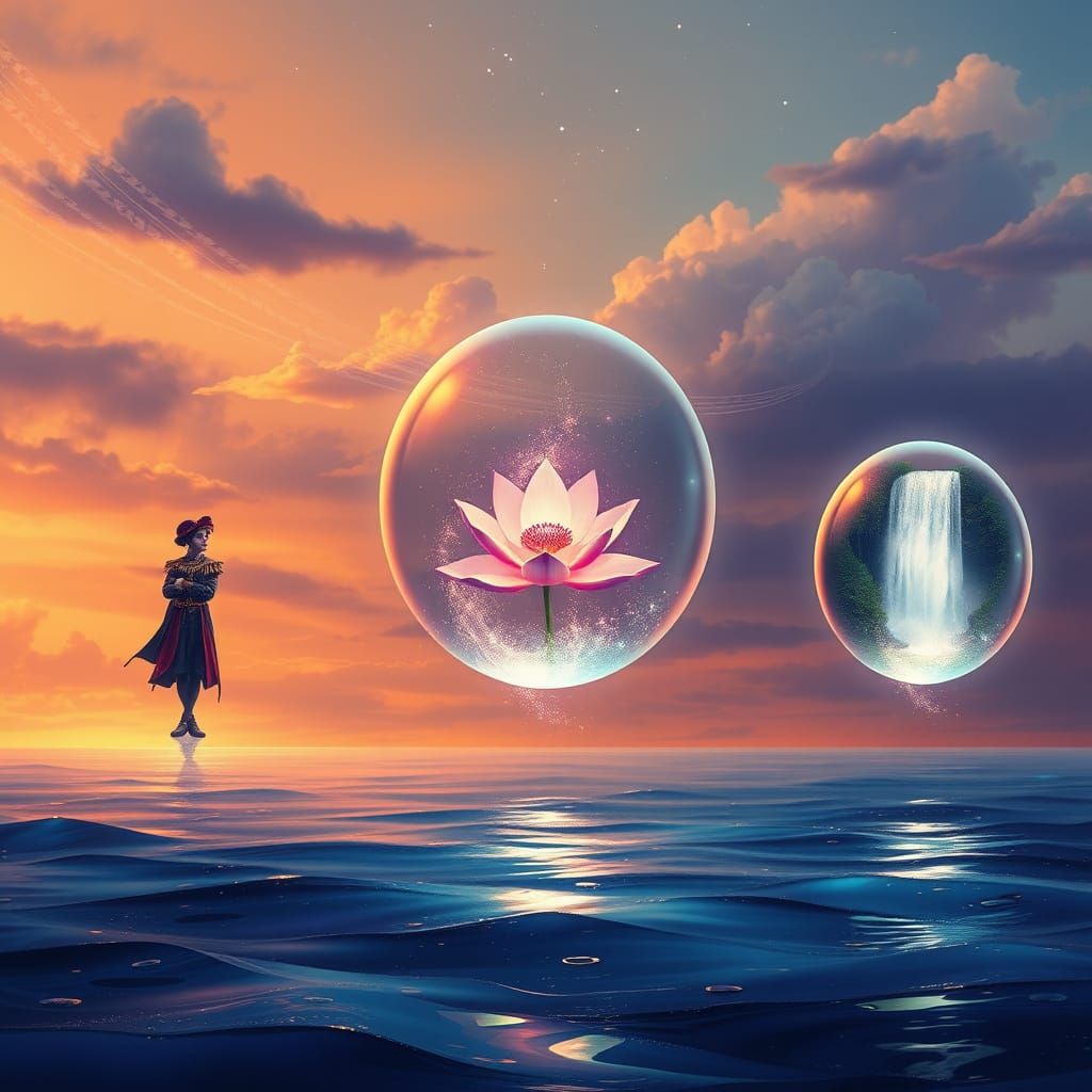Surreal Oceanic Dreamscape with Luminous Orbs