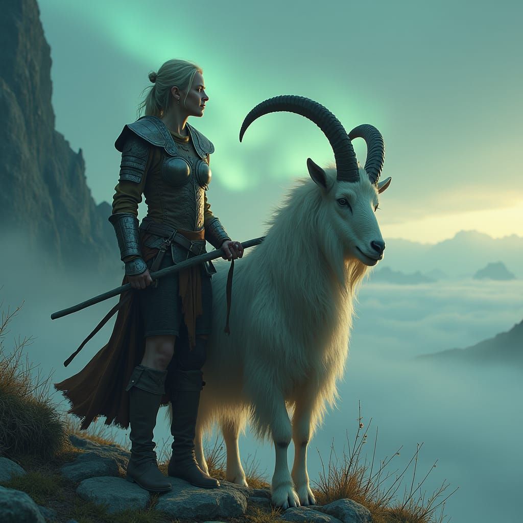 Viking Woman with Goat in Ethereal Landscape