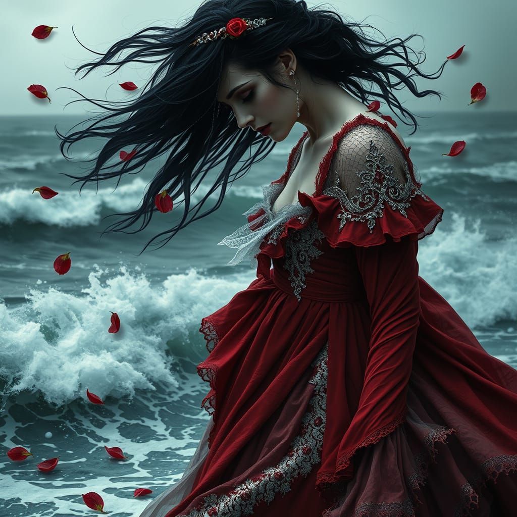 Gothic Woman Overwhelmed by Turbulent Ocean