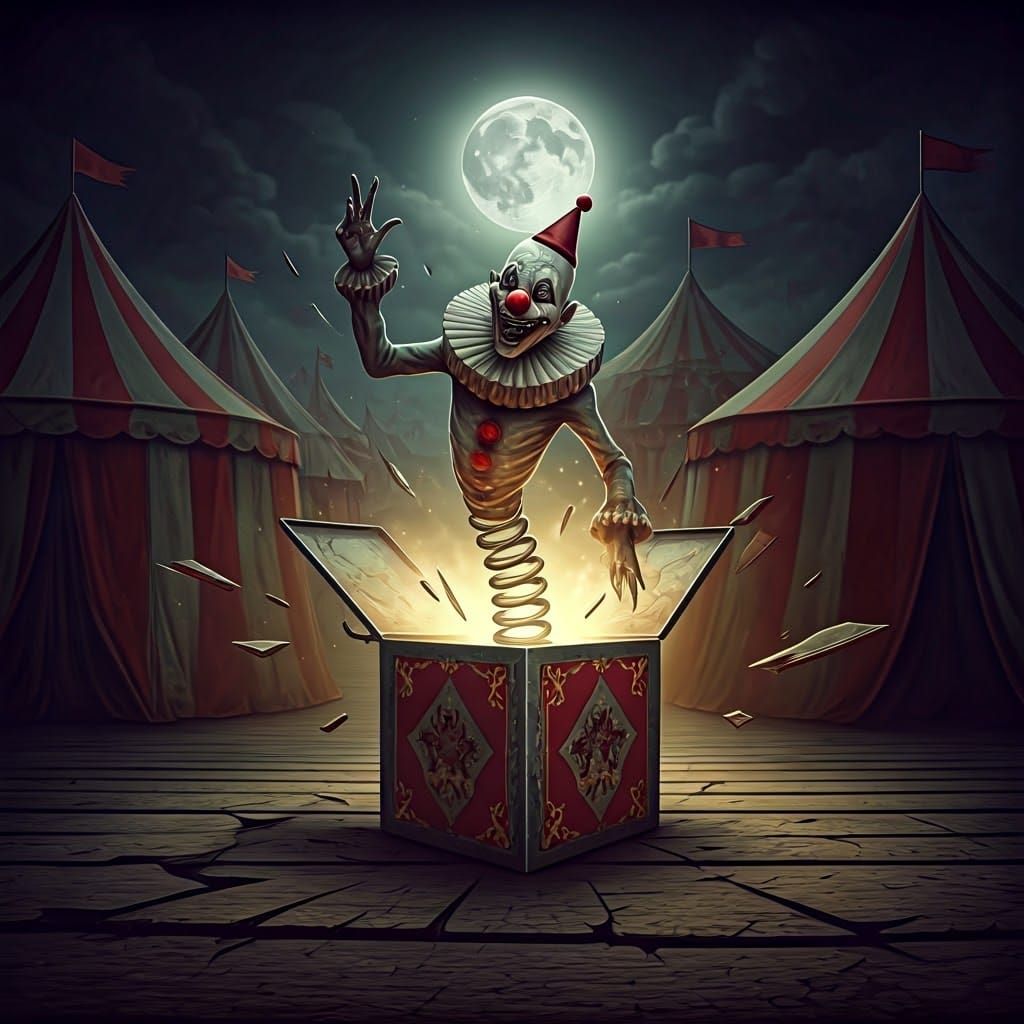 Surreal Clown Centaur Emerges from Jack-in-the-box in Haunti...