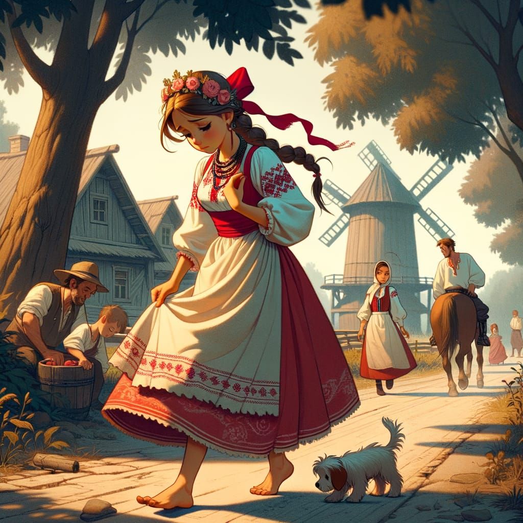 Traditional Ukrainian Girl Walking on a Rustic Road in Class...