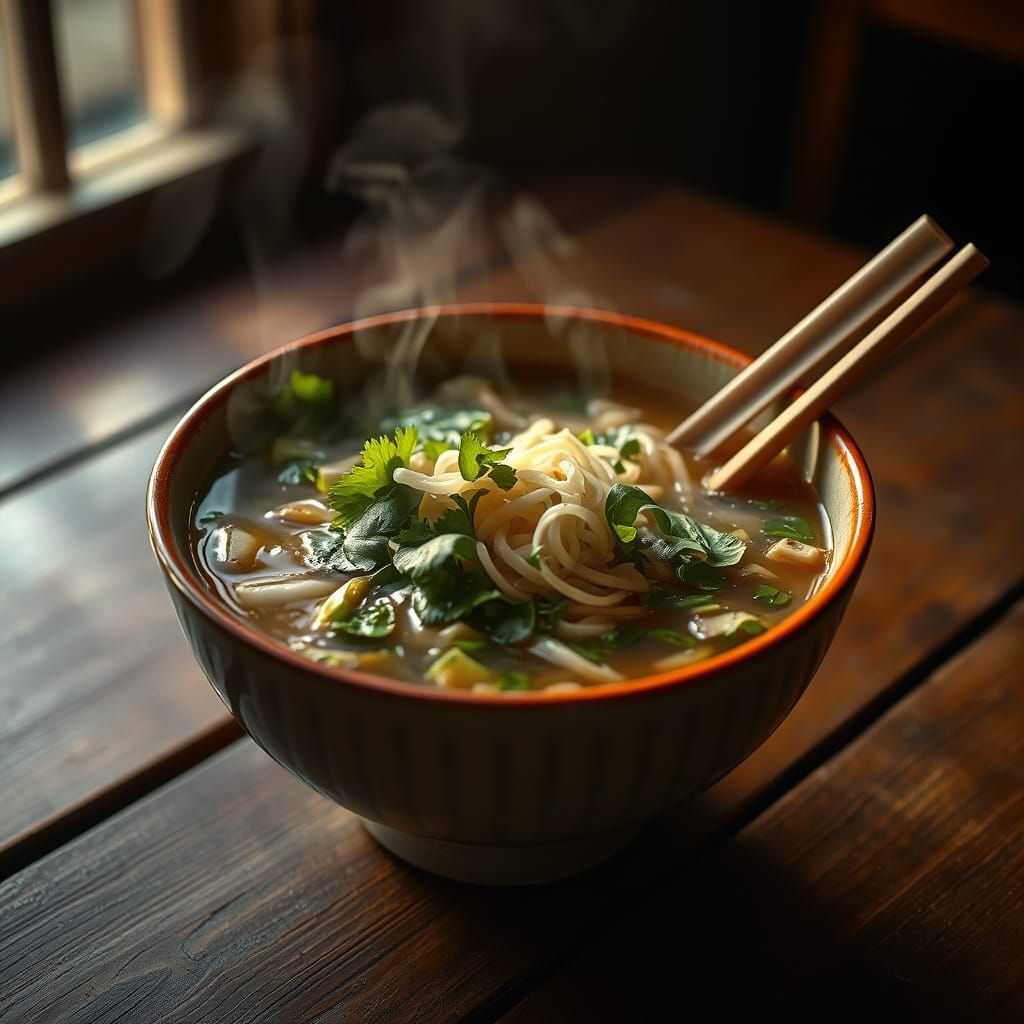 Glowing Vietnamese Pho in Warm Golden Light