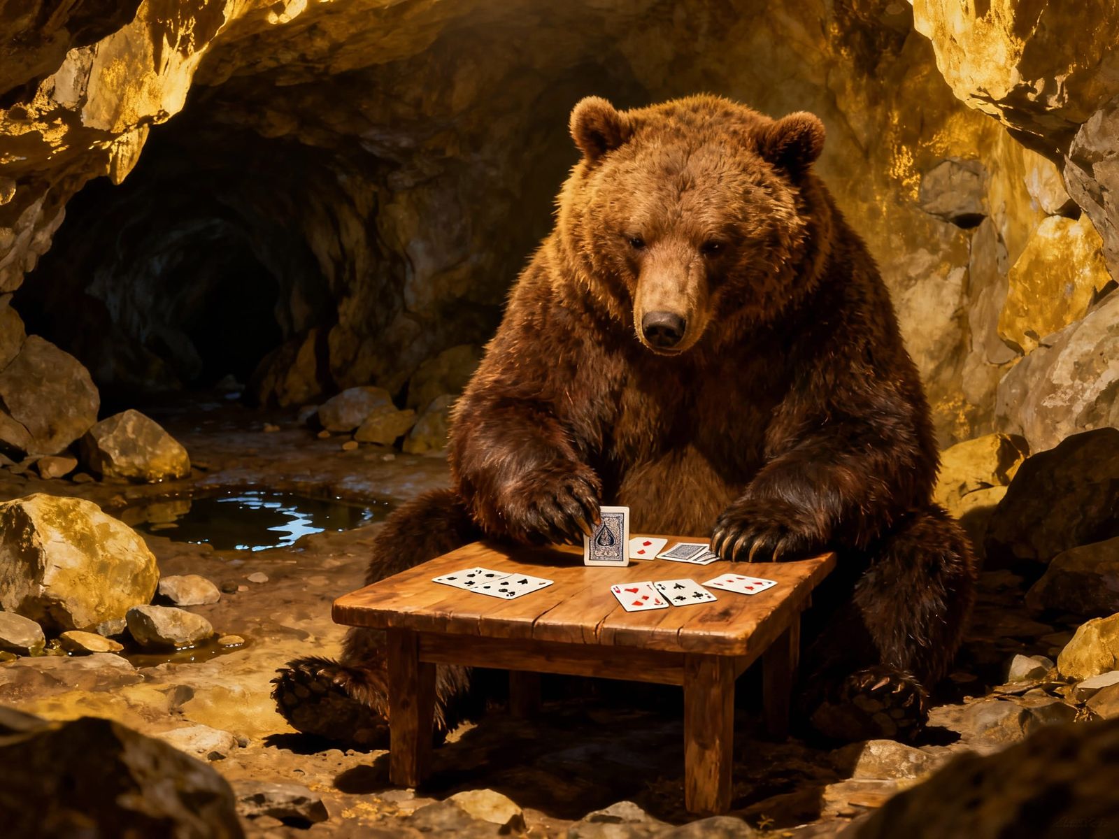 Bear Plays Solitaire in Cozy Cave