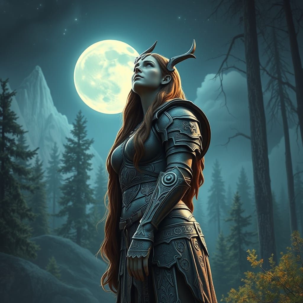 Majestic Norse Valkyrie Statue in Moonlit Forest Glade