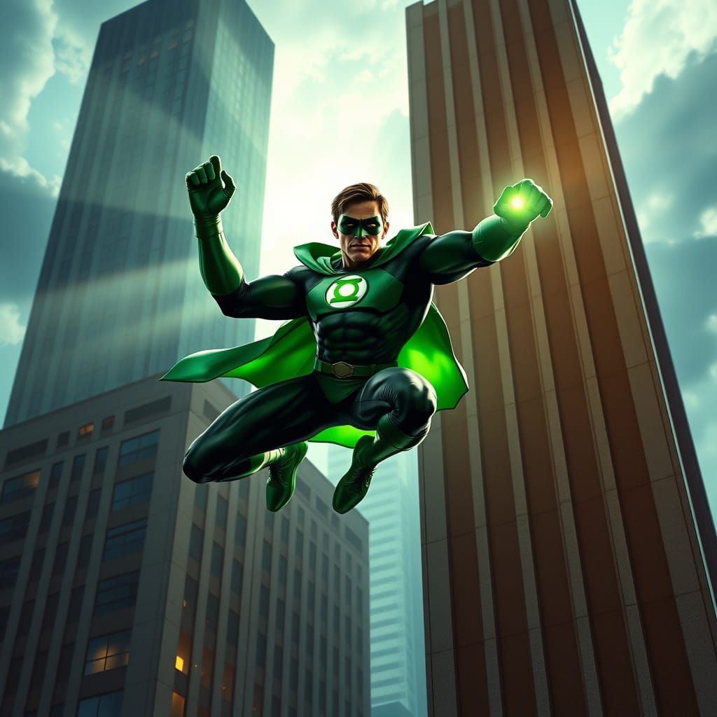 Green Lantern's Leap of Faith in Hyperrealistic Comic Style