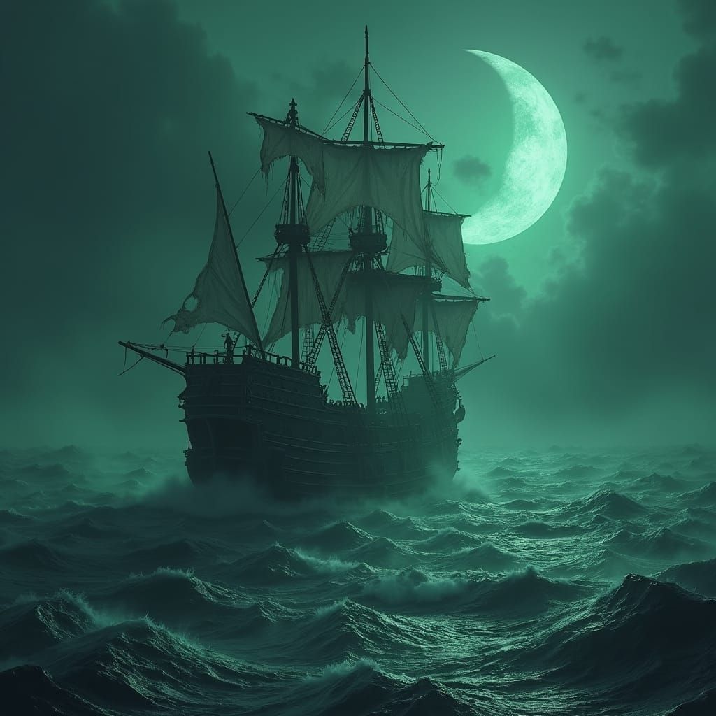 Ghost Galleon Sailing a Dark Sea, Ethereal Matte Painting