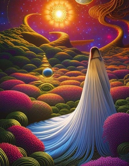 Celestial Woman in Surreal Flower Bed, Detailed Fairytale