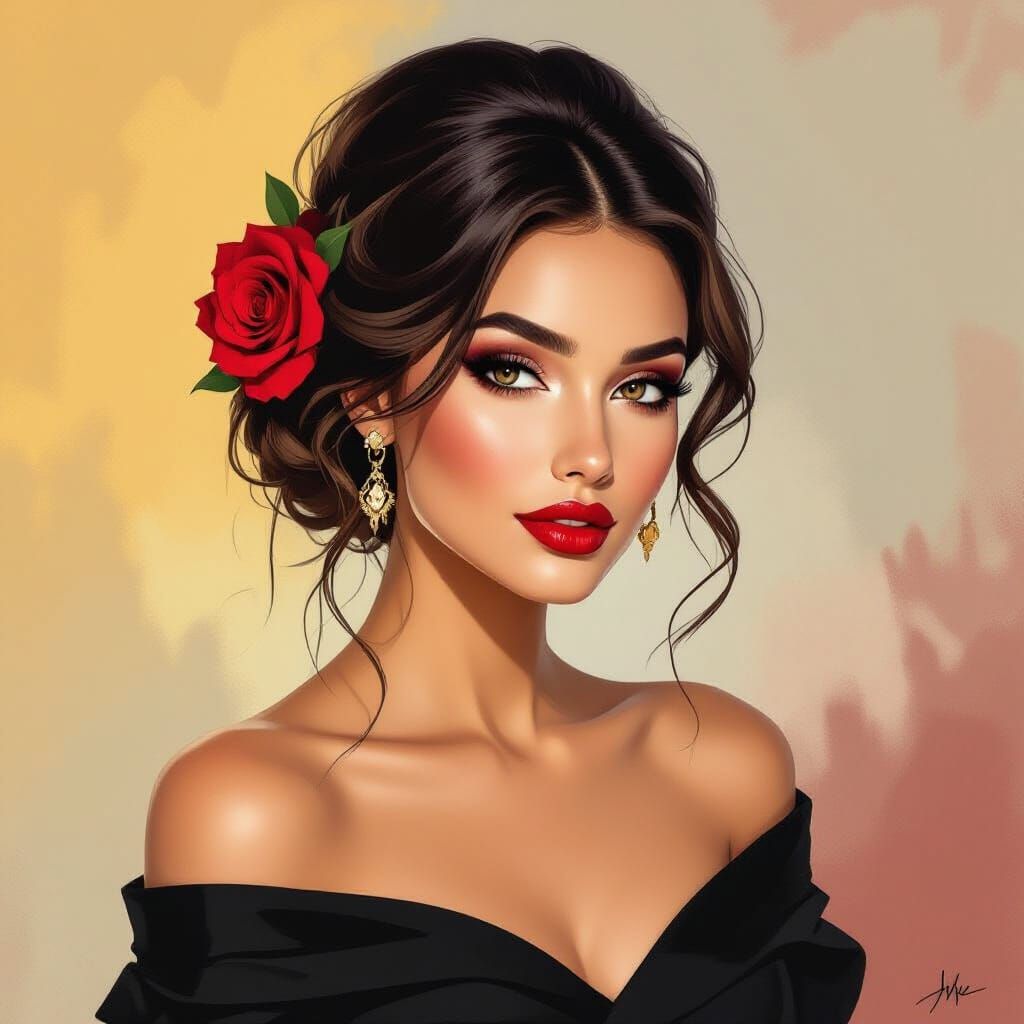 A digital painting of a glamorous portrait against an abstra...