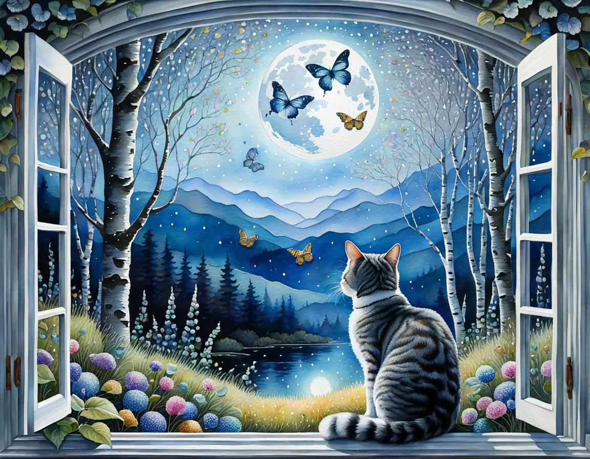 Tabby Cat Gazing at Silver Moon, Pointillism Painting