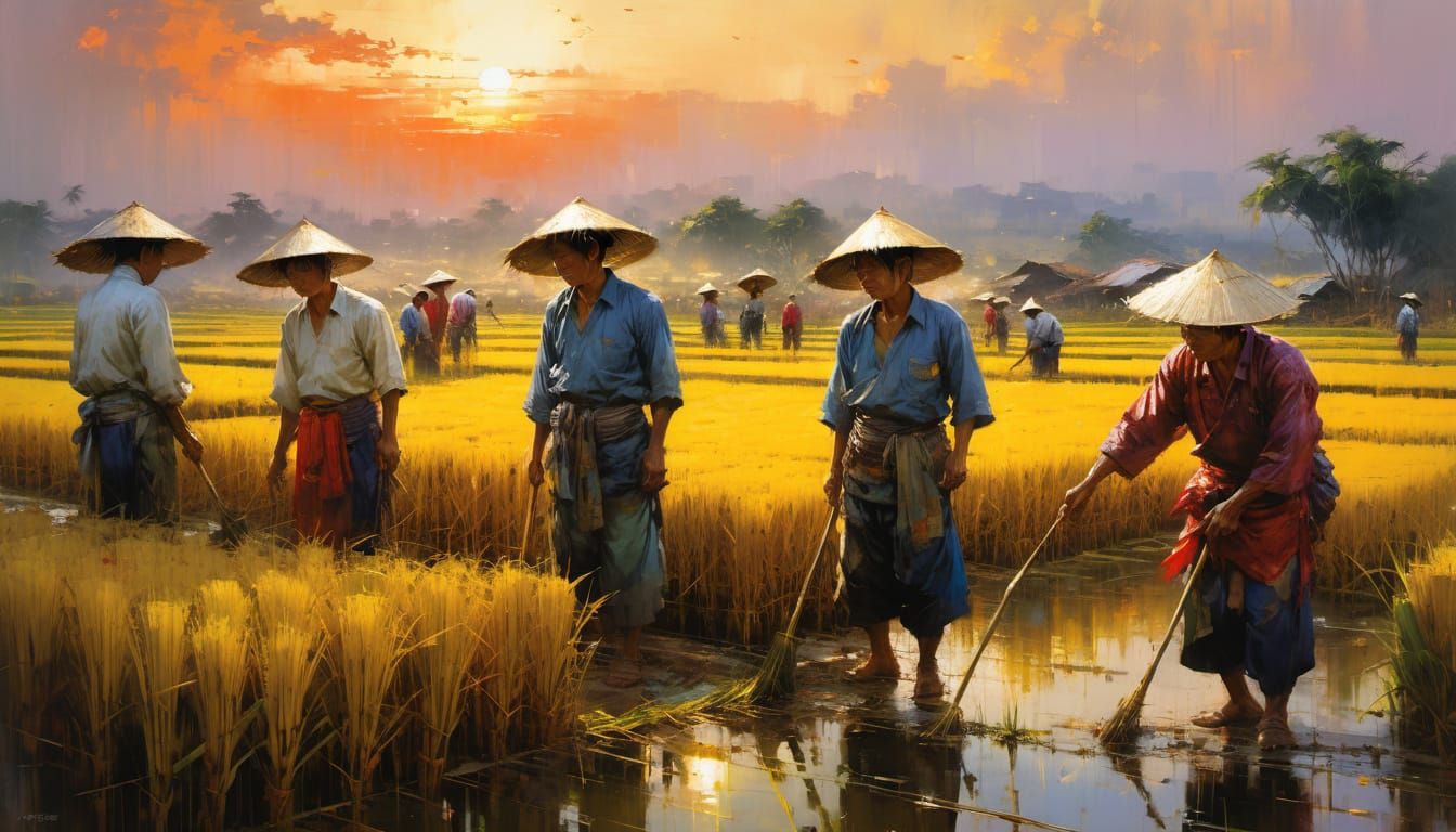 Asian Farmers in a Sunset Rice Field Landscape