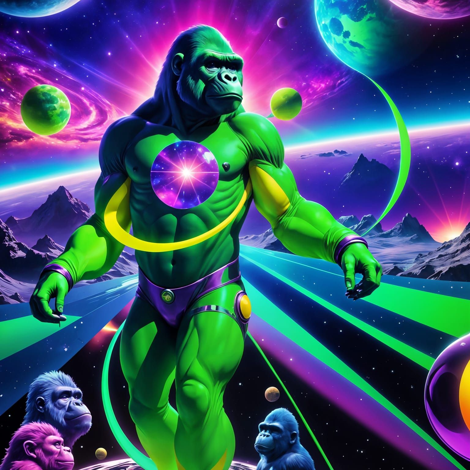 Hyperrealistic Astral Illustration of Green Gorillas in Cosm...