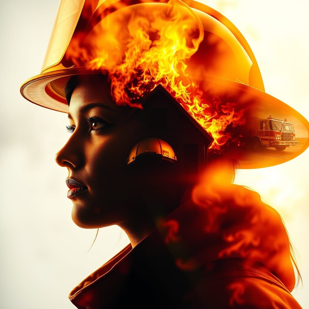 Female Firefighter Double Exposure as Digital Matte Painting