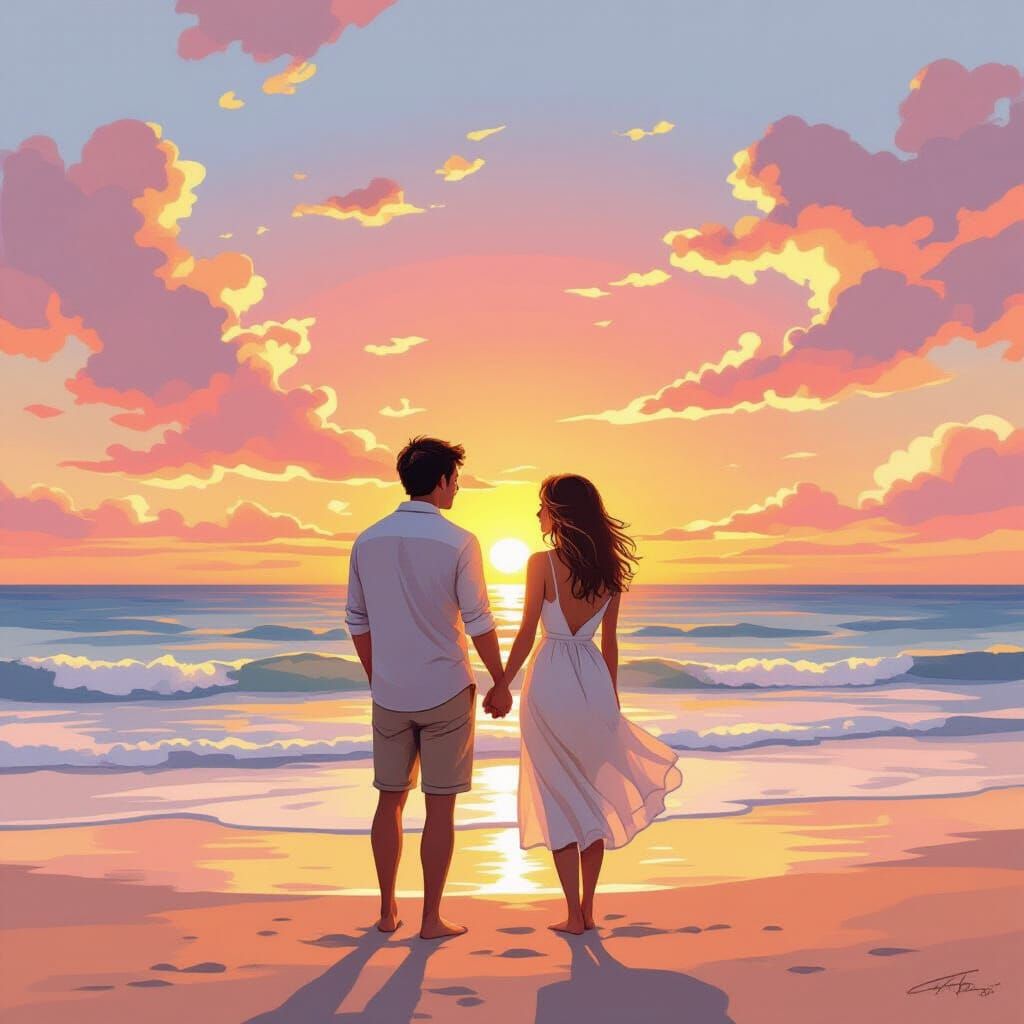 Romantic Beach Sunset in Whimsical Style