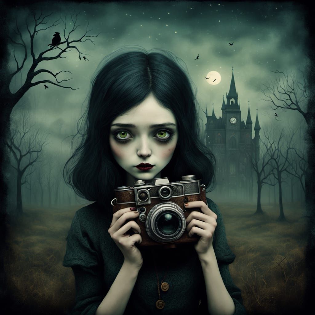 Quirky Girl Gazing Through Analog Camera