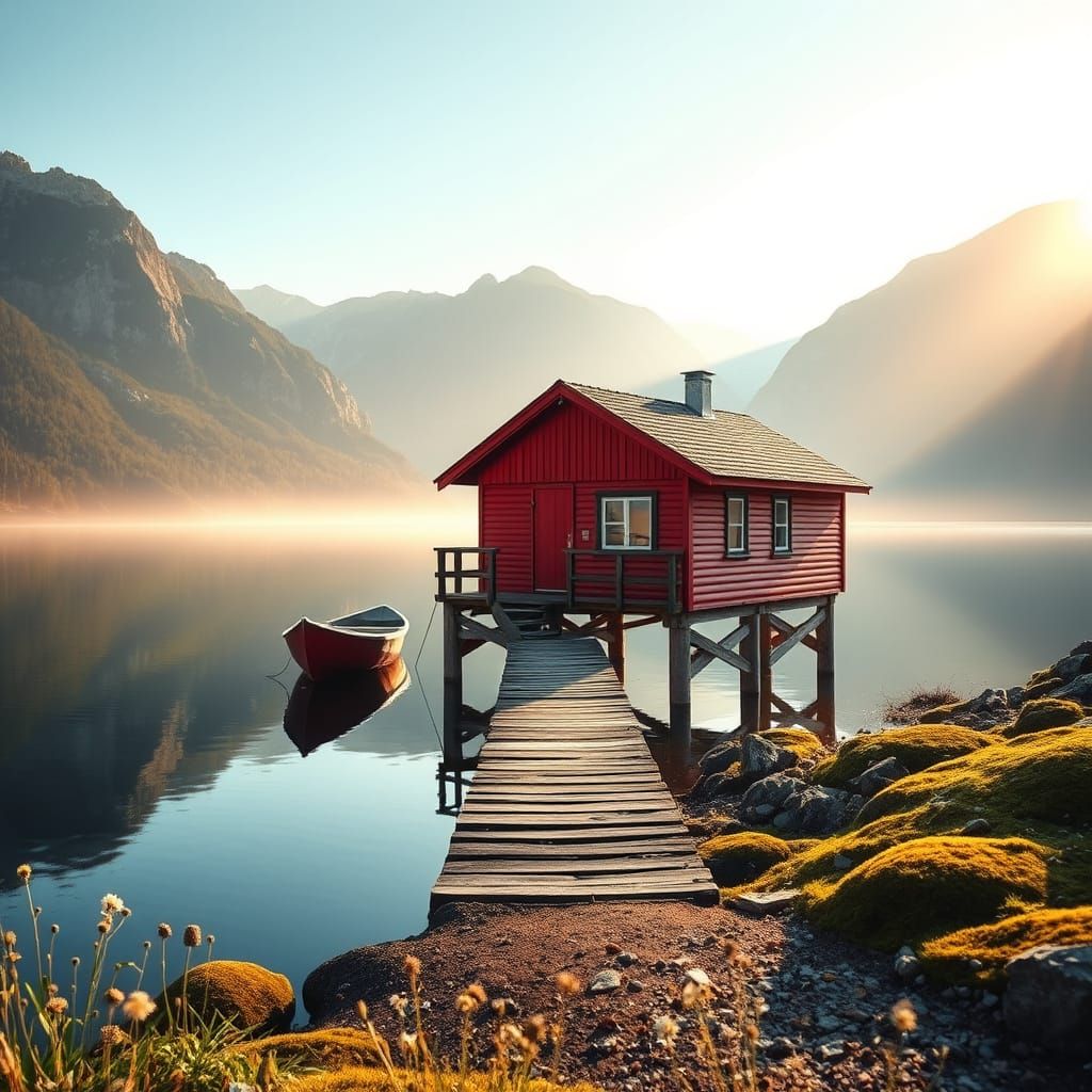 Traditional Red Rorbu Cabin Amidst Norwegian Fjord Wildernes...