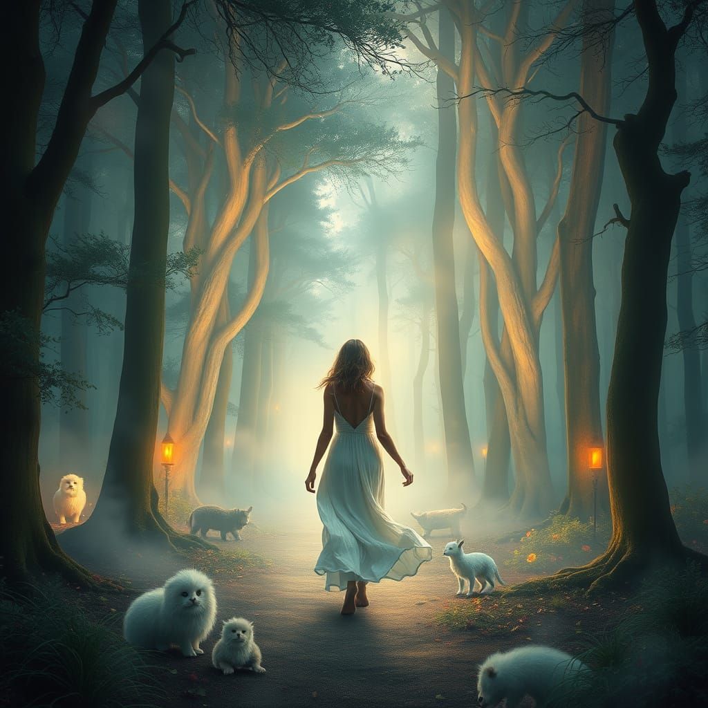 Ethereal Enchanted Forest Scene with Glowing Trees