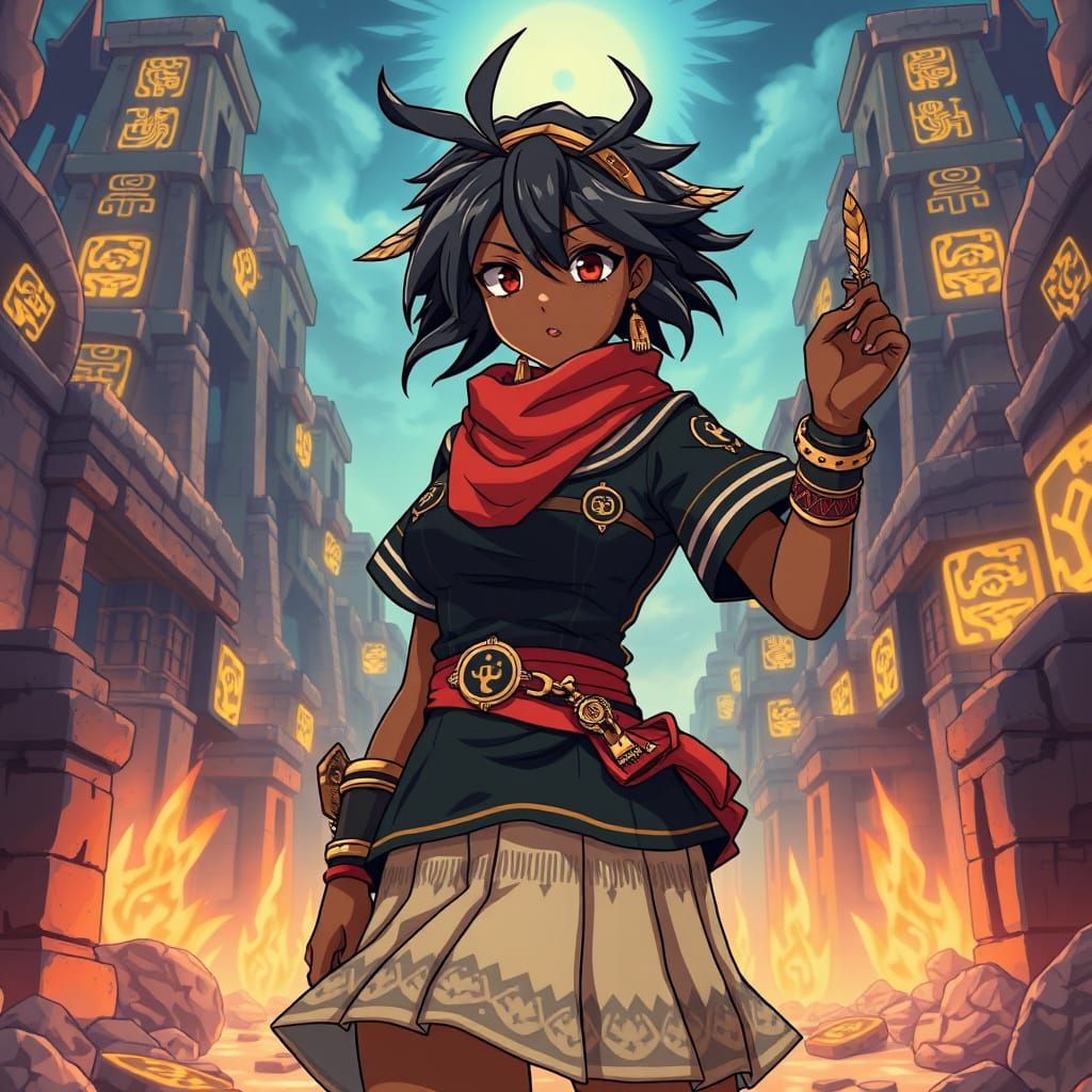 Aztec-Mayan Anime Warrior in Ancient Temple Ruins