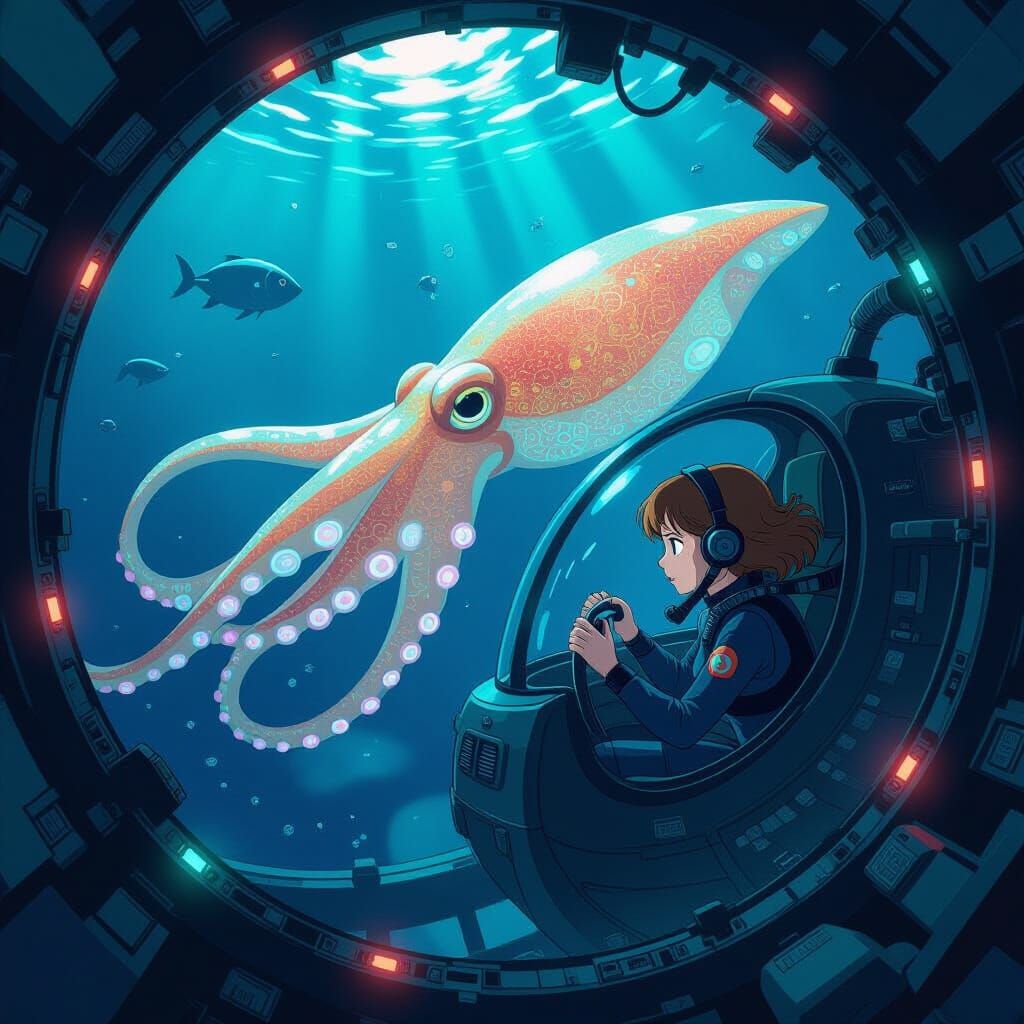 Bioluminescent Submarine Meets Giant Squid in Anime Style