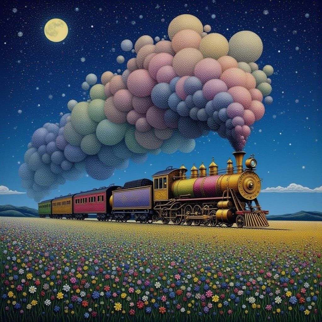 Steampunk Train in Moonlit Wildflower Field, Pointillism Sty...